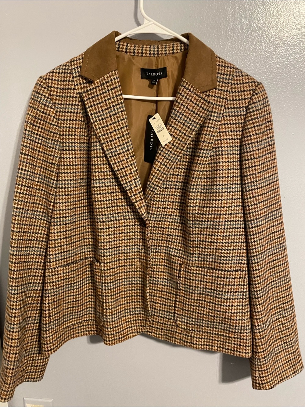 Talbots Brown Houndstooth Blazer with Suede-Look Collar and Elbow Patches